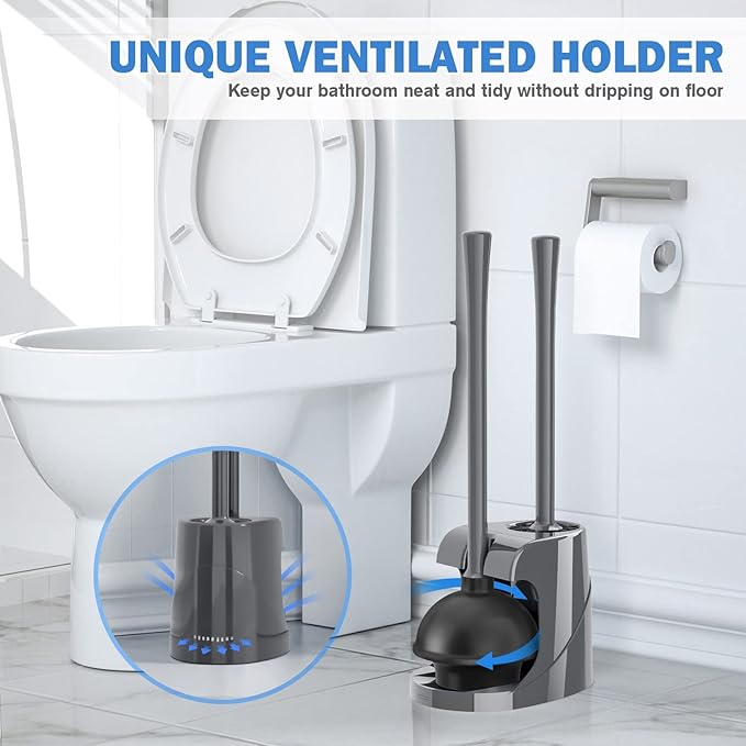 Toilet Plunger and Brush with Holder, Bowl Brush and Heavy Duty Toilet Plunger Set for 5.7-inch Toilet Drain, 2-in-1 Bathroom Cleaning Combo with Modern Caddy Stand (Grey)