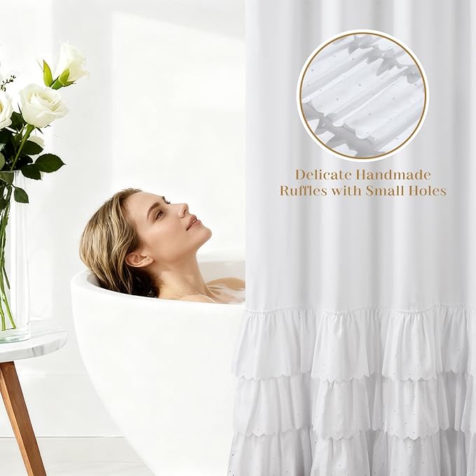 Adjustable Bow-Tie Top White Ruffle Shower Curtain for Girls Women, Delicate Fabric Shower Curtain with Handcrafted Ruffles and Small Holes, Waterproof Ruched Farmhouse Bathroom Curtain, 72"W x 72"H