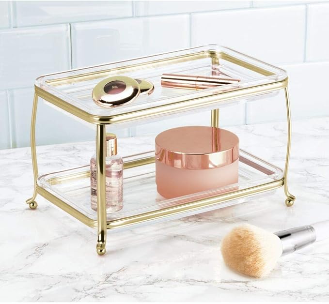 mDesign Decorative Makeup Storage Organizer Vanity Tray for Bathroom Counter Tops, 2 Levels to Hold Makeup Brushes, Eyeshadow Palettes, Lipstick, Perfume and Jewelry - Soft Brass/Clear