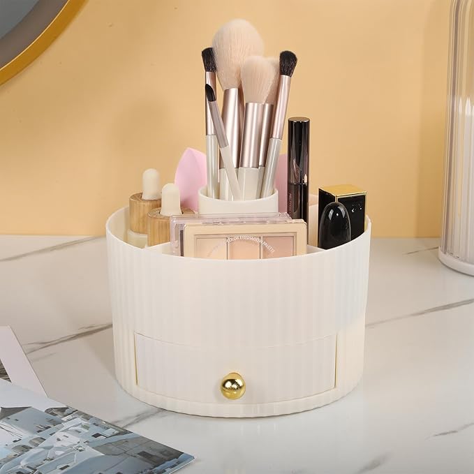 Makeup Brush Organizer Holder with 5 Slots and Drawer, Large Capacity Vanity Desktop Storage Stand for Cosmetics, Skincare Products - Nordic Style Bathroom Countertop Organizer