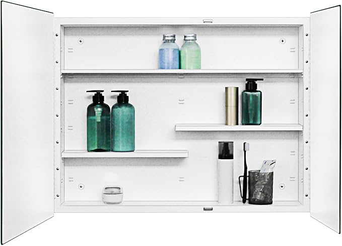 Fundin White Medicine Cabinet Recessed or Surface Mount, Bathroom Medicine Cabinet with 30 x 24 Beveled Edge Mirror Size and Adjustable Staggered Shelves