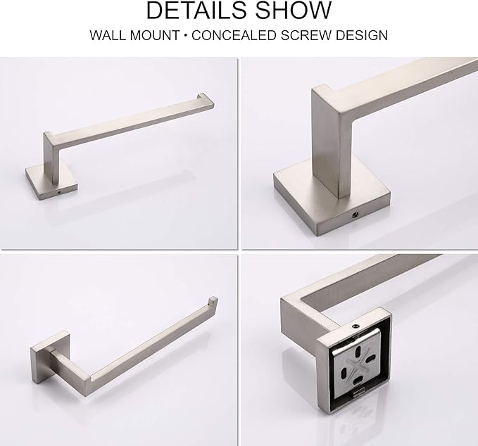 TASTOS Premium Stainless Steel Hand Towel Holder, Square Hand Towel Ring Heavy Duty Wall Mounted Modern Hand Towel Bar for Bathroom Kitchen, Brushed Nickel