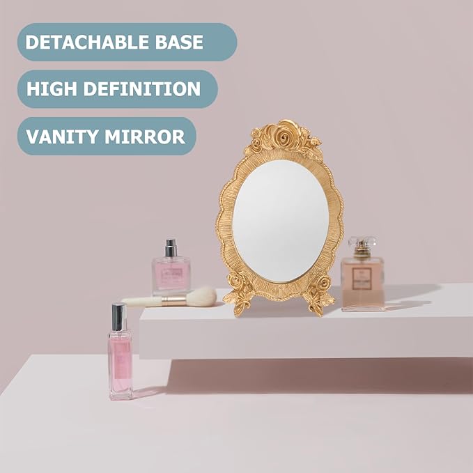 HEALLILY Oval Resin Makeup Mirror Portable European Style Handheld Cosmetic Mirror with Rose Relief Frame Lightweight for Vanity and Travel
