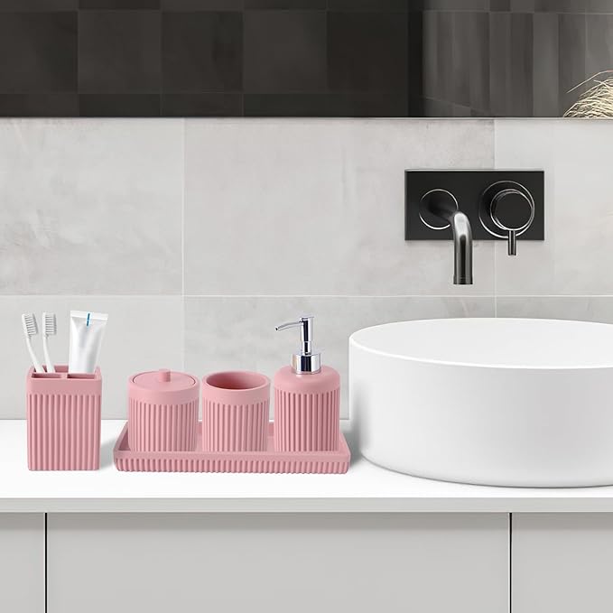 XLHOMO Resin Pink Bathroom Accessories Set 5 Pcs, Lotion Soap Dispenser, Toothbrush Holder, Bathroom Tumbler, Qtip Holder and Vanity Tray, Bathroom Countertop Organizer Set for Modern Home Apartment