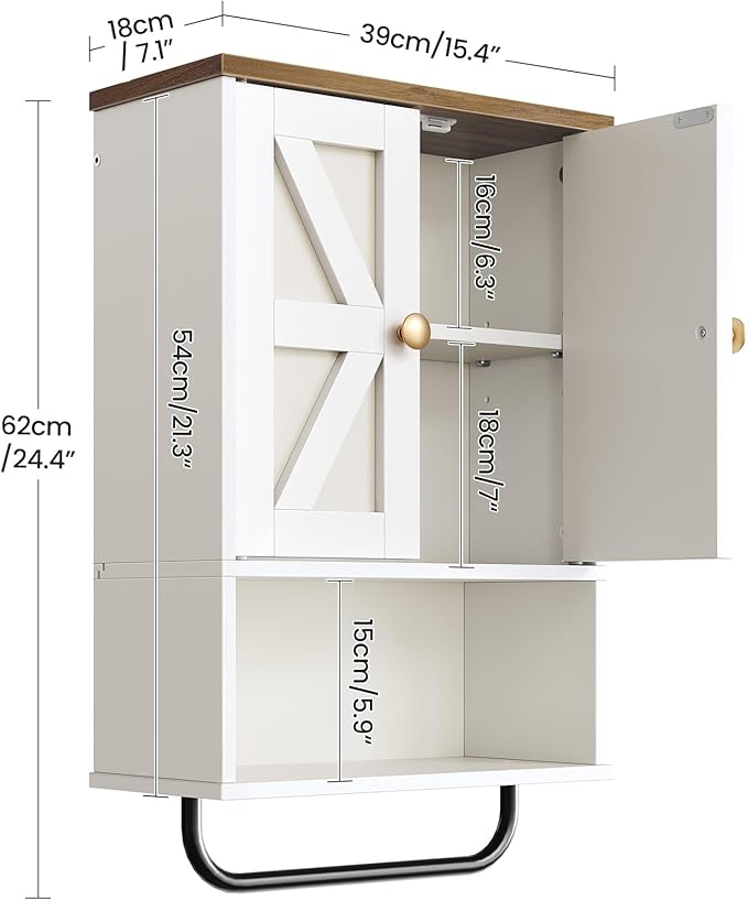CHOEZON Bathroom Wall Cabinet, Medicine Cabinet with Open Partition and Towel Bar, Rustic Storage Cabinet with Open and Hidden Storage Space, for Bathroom, Living Room, Kitchen, White and Walnut