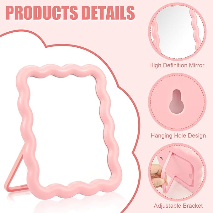 Desk Mirror, Wave-Shaped Adjustable Desk Vanity Makeup Mirror Office Cubicle with Eyebrows Tweezer, 6.7*5.3In Cute Travel Portable Folding Make Up Mirrors for Standing Hanging Home Decoration(Pink)