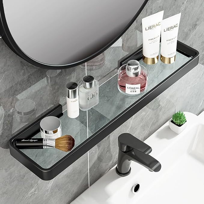 20Inches Bathroom Shelves, Wall Mounted Glass Shelf for Floating Shelf Tempered Glass Shelves 2 Tier Bathroom Wall Organizer(Matte Black)