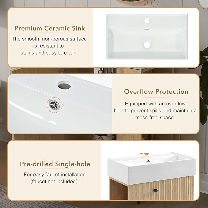 Virubi 21.6 in Floating Bathroom Vanity with Sink,Soft Closing Doors,Solid Wood Frame & MDF Modern Single Small Natural Wood Bathroom Vanity Cabinet with Open Shelf,Wall Mounted
