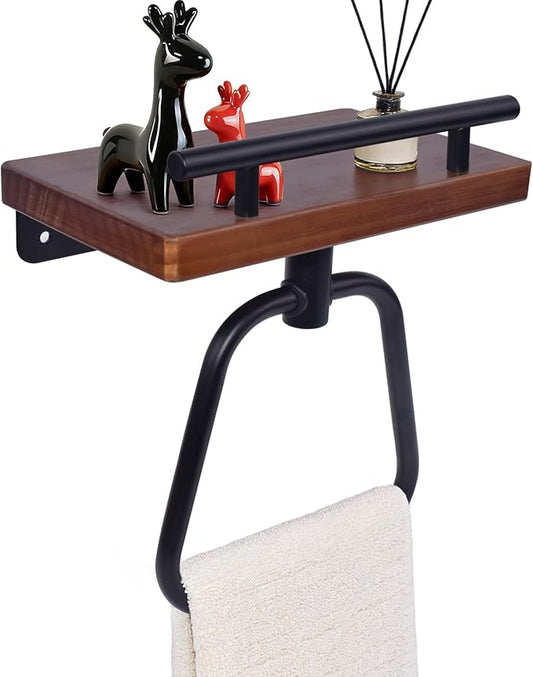 Stainless Steel Towel Ring Towel Rack Towel Holder with Wooden Shelf Rustic Towel Ring Wall Mount Heavy Duty Bath Towel Racks for Bathroom (Dark Brown, 6.7'' x 6.5'')
