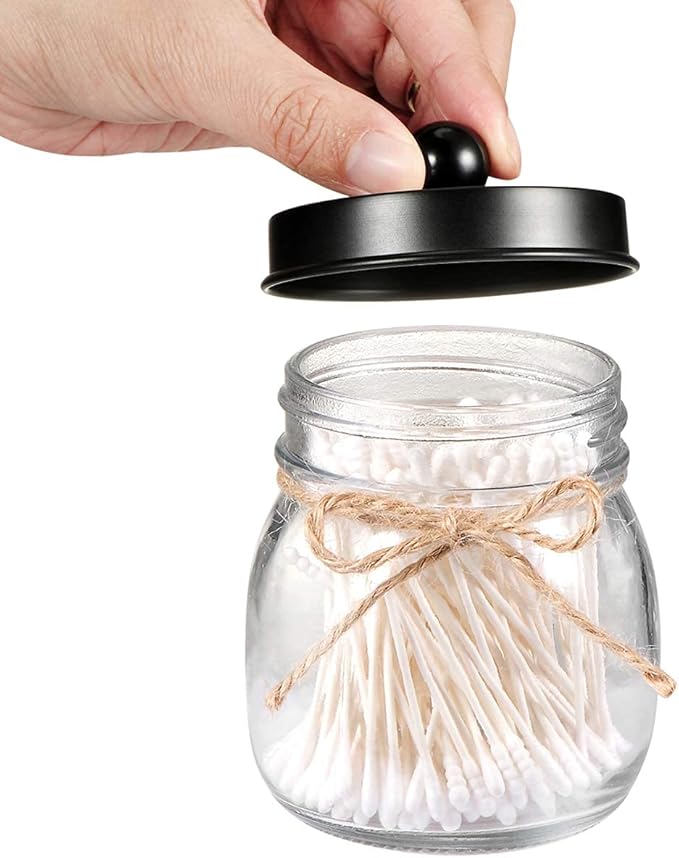 Amolliar Mason Jar Bathroom Accessories Set 4 Pack - Foaming Soap Dispenser&2 Qtip Holders&Toothbrush Holder-Rustic Farmhouse Decor Bathroom Organizer Apothecary Jar Country Countertop (Black)
