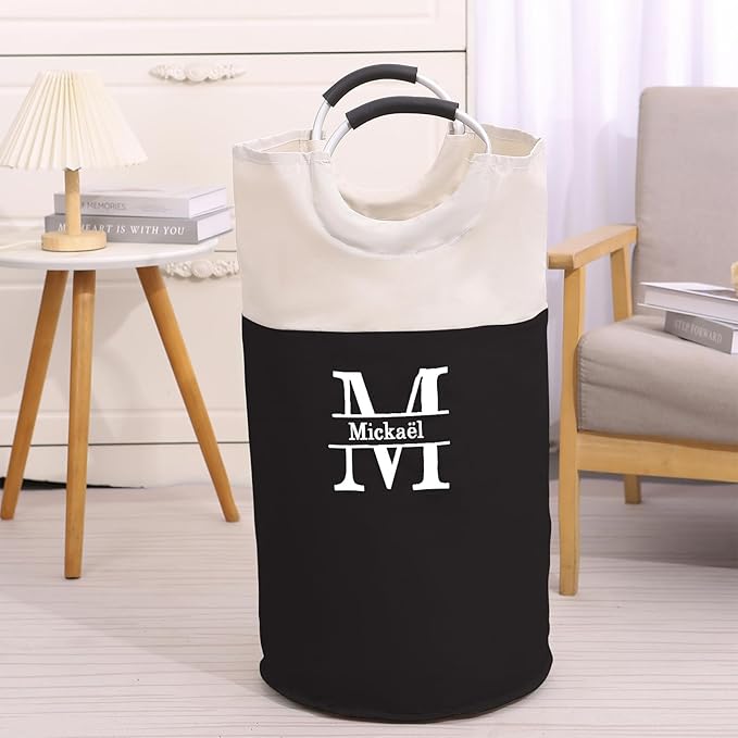Personalized Collapsible Laundry Baskets Custom Clothes Basket with Initial Name Laundry Hamper 90L Large Dirty Clothes Basket for Bathroom (With Handle)