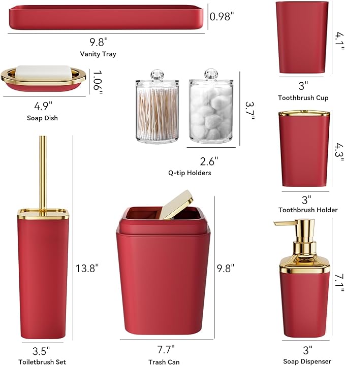 XLHOMO Dark Red Bathroom Accessory Set, 9-Piece Burgundy Bathroom Set with Trash Can, Toothbrush Holder, Toothbrush Cup,Soap Dispenser,Soap Dish,Toilet Brush Holder,2 Qtip Holder Dispensers and Tray