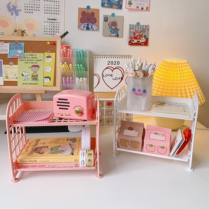 Desktop Rack Cosmetic Stationery Storage Holder, 2-Tier Multifunctional Plastic Shelf Makeup Organizer for Skincare Office Kitchen Bedroom Bathroom Home (Pink)