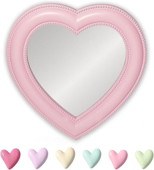 Magnetic Locker Mirror with 6 Heart Magnets, 6.9"x7.3" Heart Magnetic Mirror for School Locker, Locker Accessories Magnetic Makeup Mirror for Girls Bathroom Fridge Office Cabinet Gym Locker (Pink)
