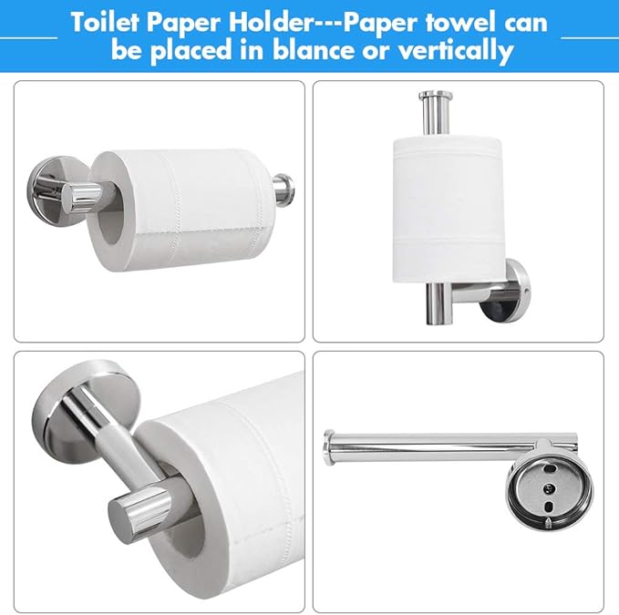TocTen 5 PCS Bathroom Hardware Set SUS304 Stainless Steel-Towel Rack Set Include Lengthen Hand Towel Bar+Toilet Paper Holder+3 Robe Towel Hooks Bathroom Accessories Towel Bar Set(Polished Chrome,16IN)