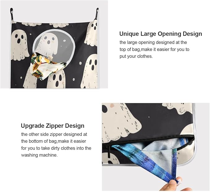 Cute Halloween Ghost Black Hanging Laundry Hamper Door Hampers Bag Basket with Stainless Steel Hooks Oxford Fabric Printing Decorative Clothes Bags 29.5X20inch 2Pack