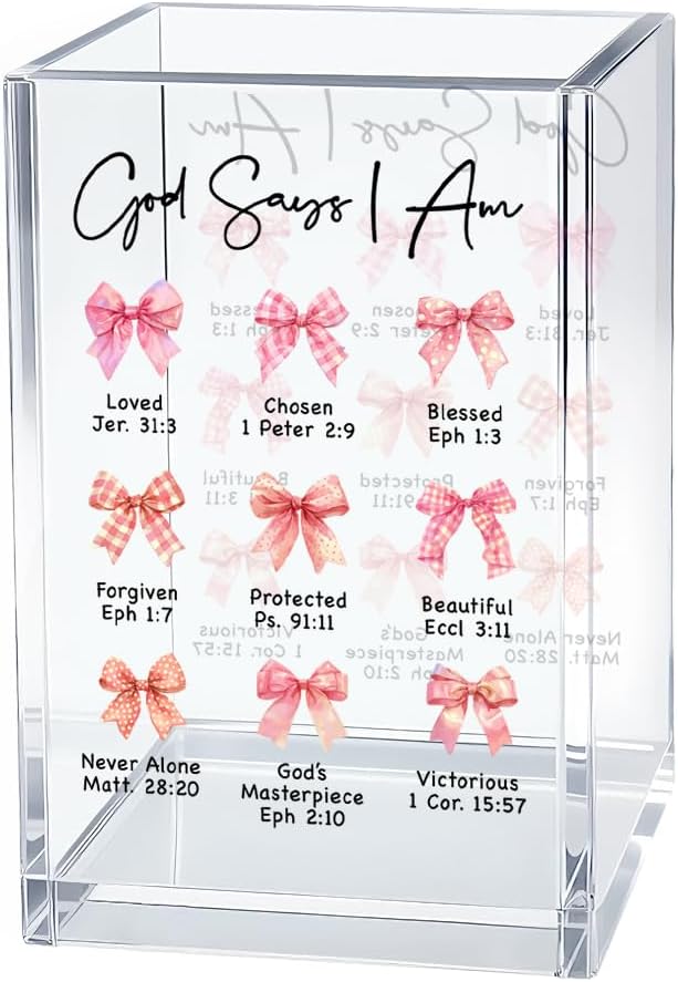 God Says I Am Loved Acrylic Bible Cosmetic Organizer Pen Holder, Funny Christian Acrylic Pencil Pen Holder for Desk, Religious Gifts for Women Coworker Teacher, Bible Verse Pencil Cup for Friend
