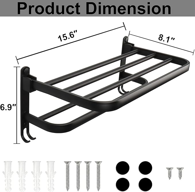 TocTen Towel Rack for Bathroom, Foldable Towel Holder with Double Towel Bars, Wall Mounted Premium Aluminum Bathroom Tower Shelf, Space-Saving Towel Hanger for Bathroom, Lavatory (Black,16 in)