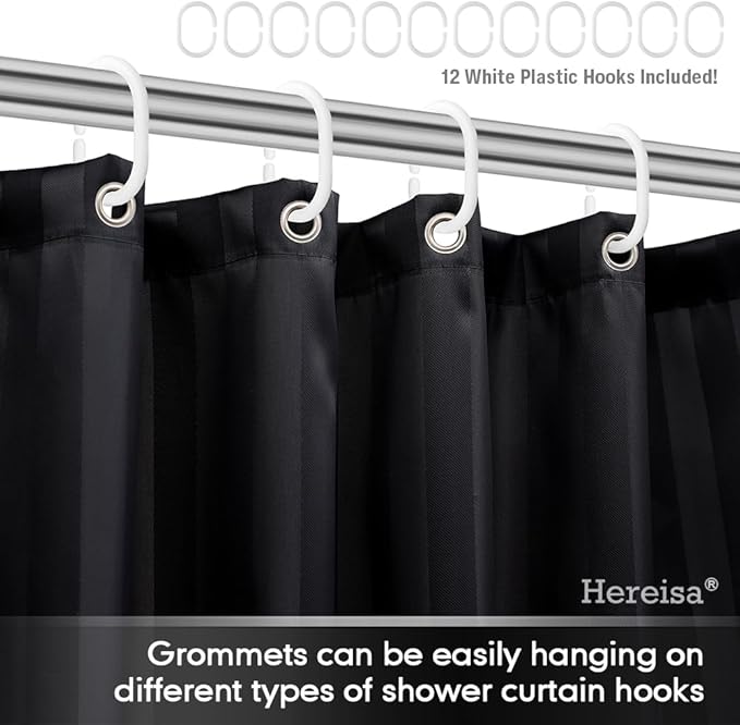 Strip Black Fabric Shower Curtain with Magnets - 85 GSM Heavy Duty Waterproof Bath Curtain, 12 Reinforced Metal Grommets (72x72 Inches)