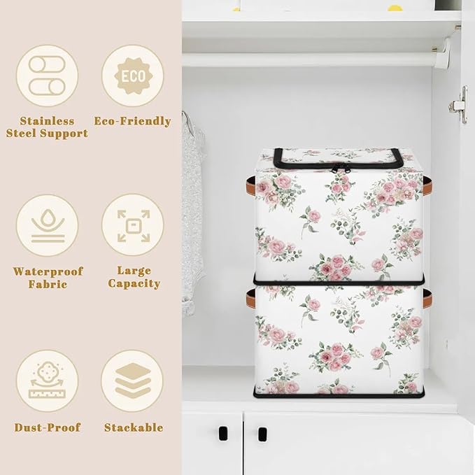 Pink Floral Flower Storage Baskets - Home Decorative Bins Collapsible Cubes with Zipper Lid, Rose Box with Handles for Living Room Bedroom Nursery Shelf Closet Office Kitchen, 24L