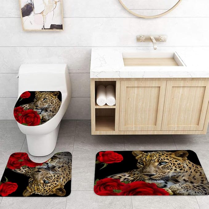 Red Rose Cheetah Shower Curtain Cat Leopard Print Bath Curtain with 12 Hooks Romantic Flowers Bathroom Decor Curtain Set with Non-Slip Rugs, Toilet Lid Cover Bath Mat for Bathtubs (Red Rose Cheetah)