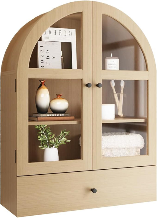 BOSHIRO Arched Bathroom Wall Cabinet with Drawer,Over The Toilet Storage Cabinet, Medicine Cabinet with Glass Door for Living Room, Kitchen（Natural Wood Color）