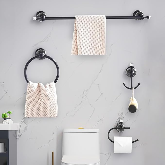 Black Crystal Bathroom Hardware Adjustable 24 Inch Towel Bar Set Toilet Paper Holder Towel Ring Coat Hooks Bathroom Accessories 4 Pieces Wall Mounted