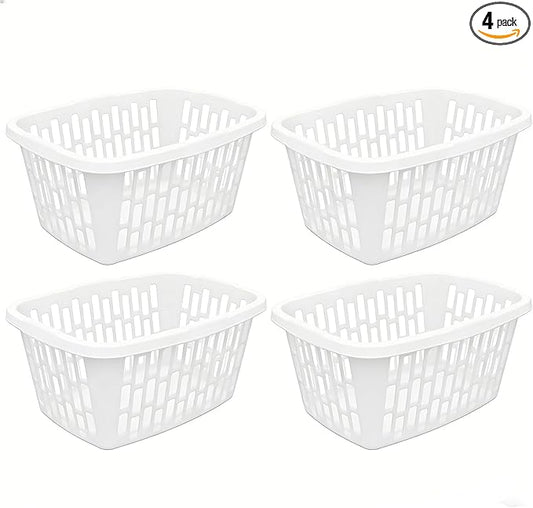 4 Pack 1.5 Bushel Rectangular Plastic Laundry Hamper - Ventilated Sides & Stackable Design with Comfort Grip Handles, Reinforced Rim for Laundry Room, Dorm, Apartment & Bathroom, White