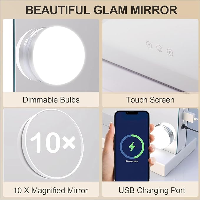 YOURLITE Vanity Mirror with Lights,Large Hollywood Mirror with Lights with 15 Bulbs, 3 Colors Modes & Adjustable Brightness, Makeup Mirrors Vanity with 10x Spot Mirror, USB Charging Port