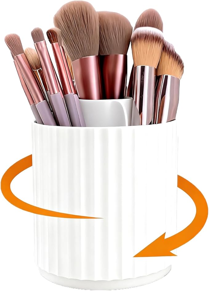 360 Rotating Makeup Brush Holder Organizer, Dustproof Storage Organizer with 5-Slot, Multifunctional Pen Holder for Makeup Brush Mascara or Eyeliner, White-A