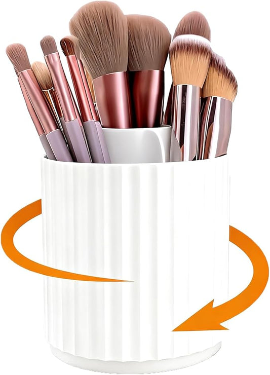 360 Rotating Makeup Brush Holder Organizer, Dustproof Storage Organizer with 5-Slot, Multifunctional Pen Holder for Makeup Brush Mascara or Eyeliner, White-A