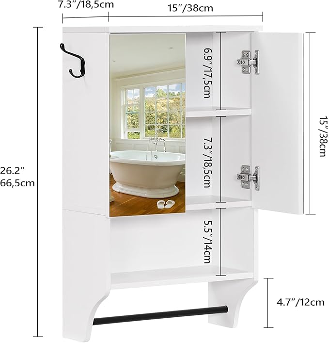 MAHANCRIS Bathroom Wall Cabinet with Mirror, Medicine Cabinet with 2 Door and Adjustable Shelf, Wall Mounted Over The Toilet Storage Cabinet with Towel Bar for Bathroom Laundry Room Kitchen, White