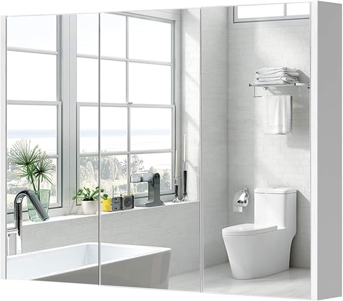 GLACER Large Mirrored Medicine Cabinet, Bathroom Wall Mounted Storage Cabinet with Triple Mirrored Doors, Ideal for Bathroom, Living Room, 36 x 4.5 x 25.5 inches (White)