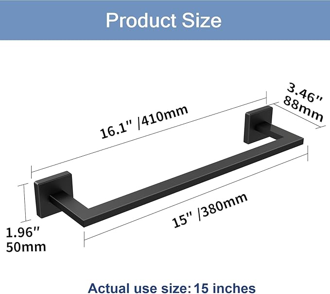 Matte Black Towel Bar, 16 Inch Towel Rack for Bathroom Wall Mounted, Thicken SUS304 Stainless Steel Heavy Duty Hand Towel Holder, Space Saving Towel Rod Modern Home Decor
