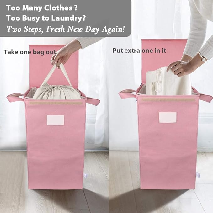 MCleanPin 210L Pink Laundry Hamper with Lid and 2 Removable Bags, Collapsible Dirty Clothes Hamper with Handles, Foldable Baby Nursery Hamper Dorm Room Storage Girls College Hamper(Rose Pink)
