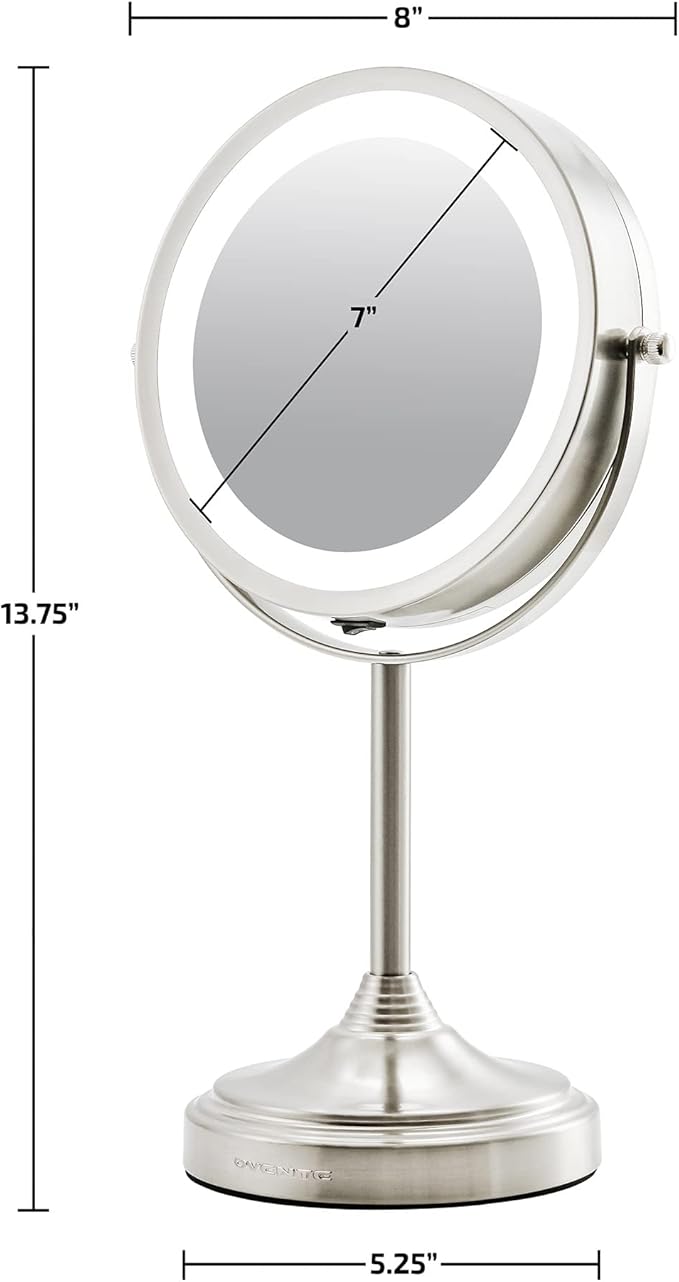 OVENTE 7'' Lighted Tabletop Makeup Mirror, 1X & 7X Magnifier, Spinning Double Sided Round LED, Great for Vanity, Bath, & Bedroom, Battery Powered, Nickel Brushed MCT70BR1X7X (Pack of 2)