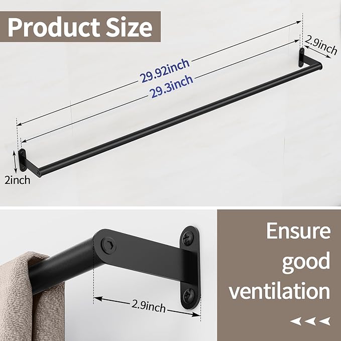 JUYSON Towel Bar for Bathroom 30 Inch Matte Black, Towel Racks for Bathroom Wall Mounted,Bathroom Accessories Stainless Steel Towel Rod Single Towel Holder Towel Hanger(Single Bar-Black, 30 in)