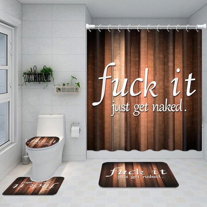 ArtSocket 4PC Funny Get Naked Vintage Abstract Orange Brown Striped Background Shower Curtain Sets Bathroom Decor with Rugs, Non-Slip Rug,Toilet Lid Cover, Bath Mat and 12 Hooks 72x72 inches