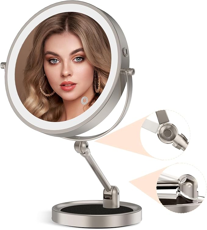 Rocollos Lighted Vanity Mirror: 9" Rechargeable Tabletop Makeup Mirror, 10X Magnification, 3 Color Dimmable, Height Adjustable Cordless Mirror, 4000mAh USB-C, 360° Swivel, Rustproof for Bathroom