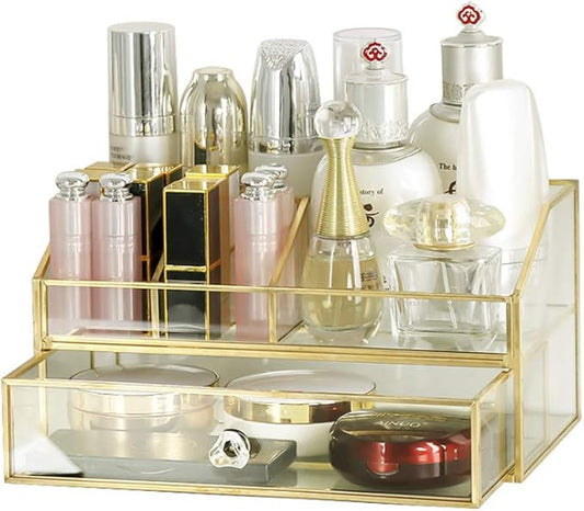 YUEHUA Glass Makeup Organizer, Clear Makeup Brush Organizer Jewelry Display Box, Gold Makeup Nail Polish Lipsticks Eyeliners Holder Organizer for Vanity Bathroom Office
