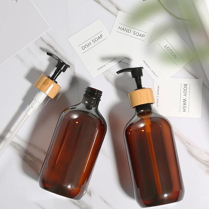 KASUNTING Amber Soap Dispenser Plastic, Brown Dish Soap Dispenser with Bamboo Pump for Kitchen,17 Fl Oz Hand and Dish Dispenser Set for Bathroom, Farmhouse Liquid Soap and Lotion Dispensers Bottle