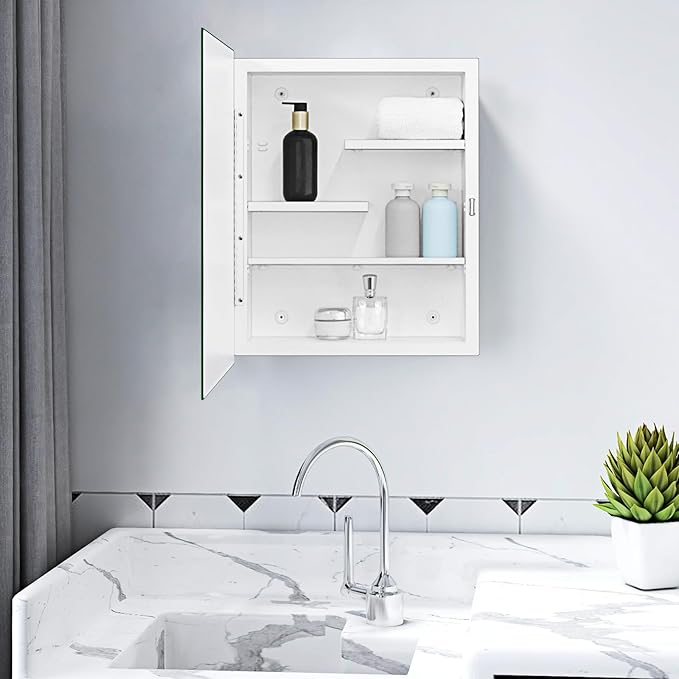 Fundin White Medicine Cabinet with 16 x 20 Beveled Mirror & Adjustable Staggered Shelves, Recessed or Surface Mount Bathroom Medicine Cabinet