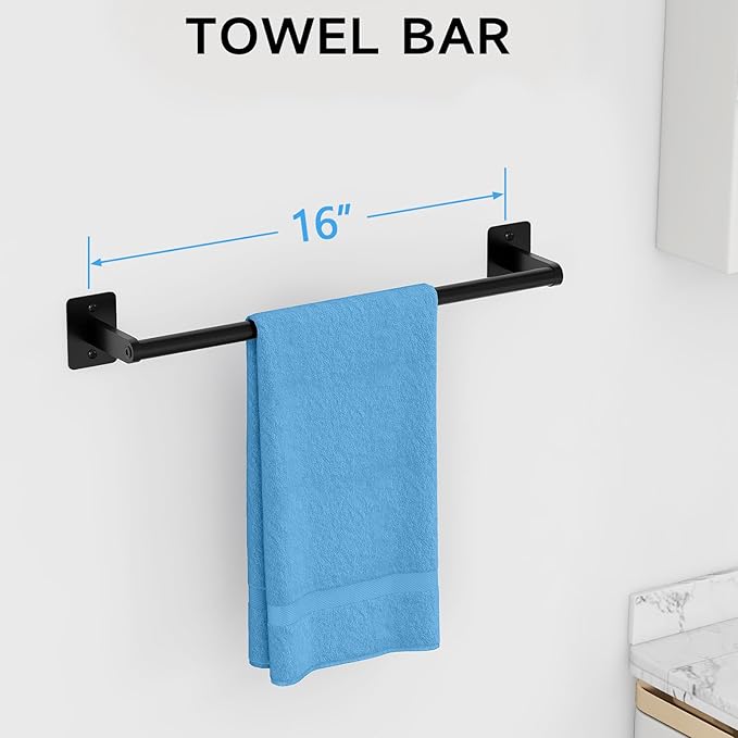 Matte Black Bathroom Accessories Set, 4 Pieces Bathroom Hardware Set, 16 inch Towel Bar, Towel Racks for Bathroom, Robe Towel Hooks, Toilet Paper Holder Wall Mounted