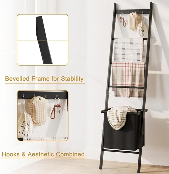 BAMBANG Bamboo Blanket Ladder with Basket, 5-Tier Quilt Rack Stand with 4 Hooks & Storage Hamper for Living Room Bathroom, Wall Leaning Decorative Ladder Shelf for Blankets Display (Black)