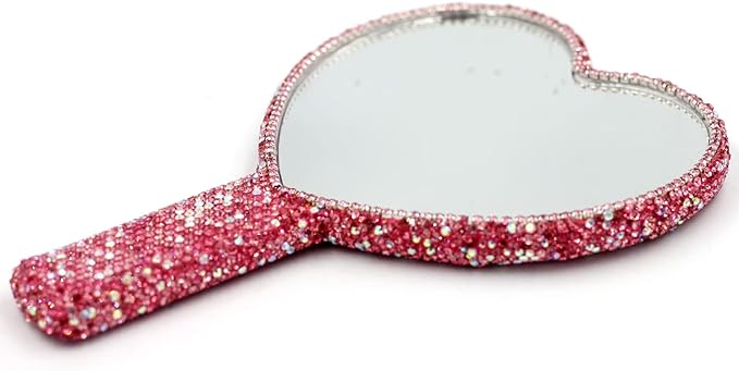 Bling Rhinestone Heart Handheld Mirror - Portable & Dazzling Makeup Mirror for On-The-Go Touch-ups (Plastic Pink)