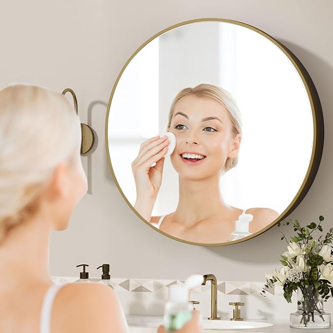 30 x 30 in Round Gold Mirror Medicine Cabinet Surface Mounted, Circular Modern Bathroom Medicine Cabinet with Mirror, Metal Framed Medicine Cabinets with Tempered Glass Mirror