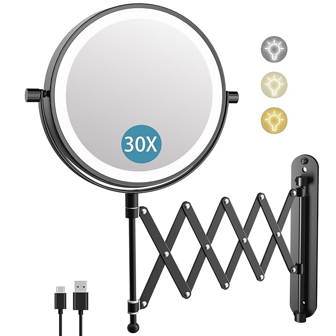 5000mAh Rechargeable Wall Mounted Makeup Mirror - 8 Inch Double Sided 1X/30X Magnifying Mirror with 3 Color Lights Dimmable Touch Screen, 360°Swivel 19.6 Inch Extendable Accordion Bathroom Mirror