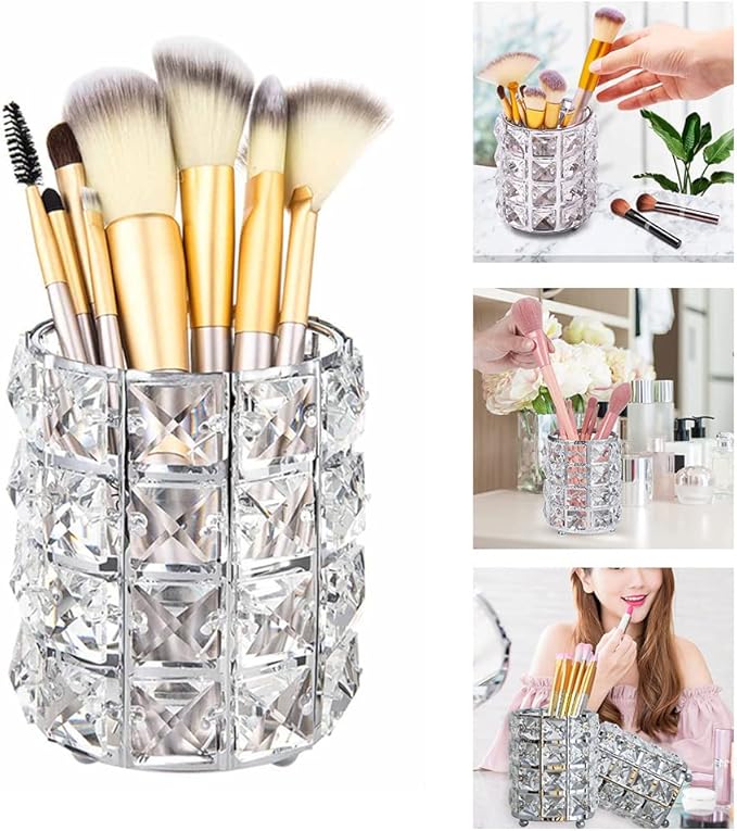 AKOAK 1 Pack Crystal Makeup Brush Holder Office Supplies Storage Rack Eyebrow Pencil/Lipstick/Pencil Makeup Container, Dressing Table, Bedroom, Office (White)