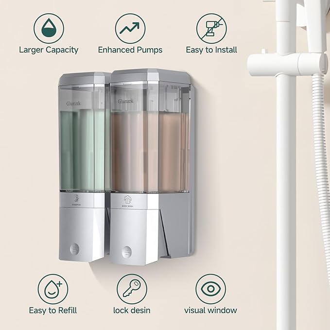 Shampoo and Conditioner Dispenser 2 Chamber No Drill Shower Soap Dispenser Wall Mounted Shampoo Conditioner Body Wash Dispenser 2 * 500ml Refillable Shower Dispenser for Bathroom Hotel, Silver