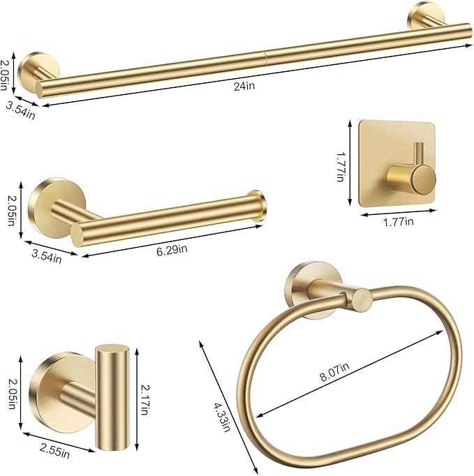 Brushed Gold Bathroom Accessories Set, 7 Pieces Gold Towel Bar Bathroom Hardware Set, 24 Inch Towel Racks for Bathroom, SUS304 Stainless Steel Bathroom Towel Holder Toilet Paper Holder Wall Mounted